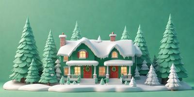 The primary subject of the image is a green house with a white roof, covered in snow. The house is situated in a snowy forest, surrounded by trees. The setting is a wintery landscape with a green background. The visual style is a combination of photo and digital art, creating a realistic yet artistic representation of the scene. The colors and mood are predominantly white and green, with a touch of coldness and tranquility.